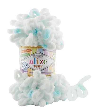 Alize Puffy Color 6491 - biela s mentolovými fľakmi