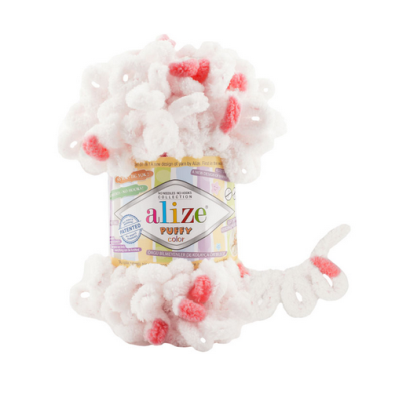 Alize Puffy Color 6490 - biela s koralovými fľakmi